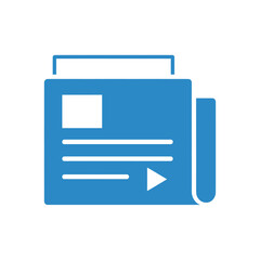 A blue icon representing a newspaper with a play button, suggesting news or media.