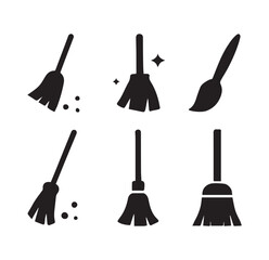 Naklejka premium Collection of six black broom and brush icons representing cleaning and sweeping tools for household tasks