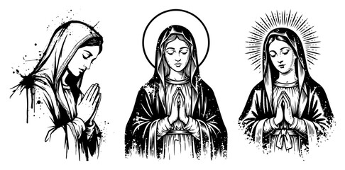 Set of a Praying Virgin Mary Illustrations black shape vector laser cutting engraving monochrome print