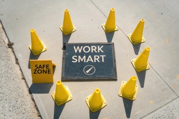 Yellow construction cones arranged around a work smart sign