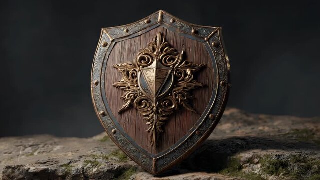 Ornate medieval shield with wooden texture and intricate gold detailing, placed on a rocky surface, symbolizing heritage and protection