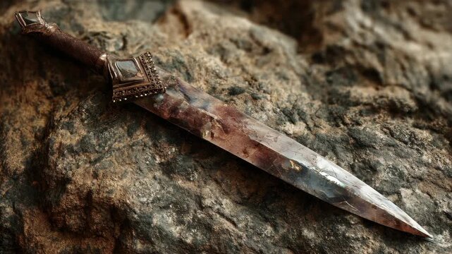 Ornate ancient dagger with gemstone-inlaid hilt and polished blade lying on textured stone, symbolizing ritual, power, and heritage
