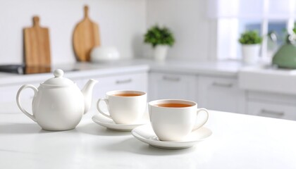 Tea cups and teapot on a kitchen counter