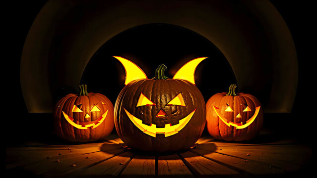 Animated Halloween neon sign with bats and pumpkins glowing in loop, dark background