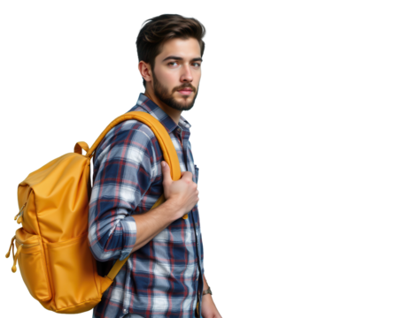 Young man with yellow backpack in casual plaid shirt, side profile