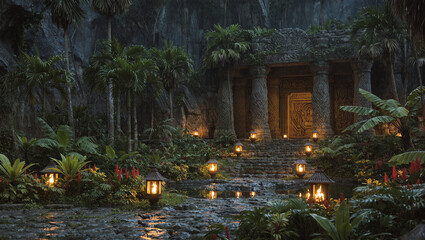 Ancient stone temple surrounded by lush jungle plants and illuminated by glowing lanterns at dusk.