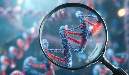 Magnifying glass focused on a DNA double helix, illustrating genetic research and molecular biology.