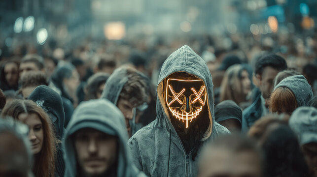Person in glowing neon mask and hoodie standing in a crowded street, symbolizing anonymity, protest, rebellion, and urban subculture.