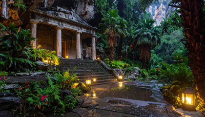 Obraz premium Ancient stone temple surrounded by lush jungle plants and illuminated by glowing lanterns at dusk.