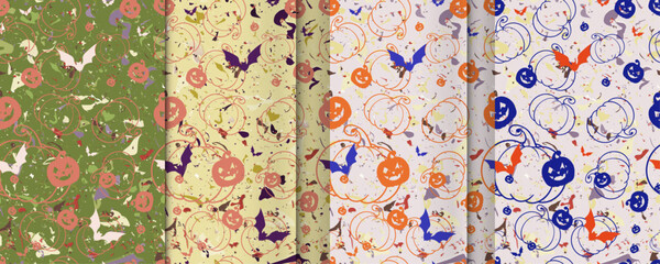 Convenient simple repeating Halloween seamless vector pattern of carved jack-o-lantern pumpkin faces with Bats and textured base
