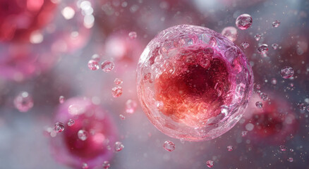 Naklejka premium Close-up view of vibrant pink cells with internal structures visible, surrounded by tiny water droplets and bokeh effects, suggesting a microscopic or biological context.
