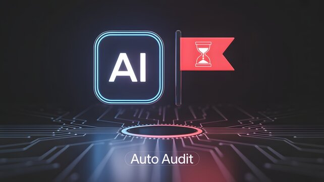 Conceptual illustration of an AI-powered auto audit system, featuring artificial intelligence analyzing a flagged digital record with data on a futuristic circuit board.