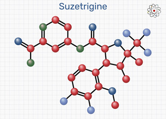 Suzetrigine molecule. Non-opioid analgesic, sodium channel blocker investigated for chronic and neuropathic pain treatment. Sheet of paper in a cage.