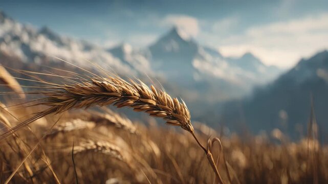Golden wheat stalk in sharp focus with blurred mountain range in background, natural daylight scene, concept of agriculture and nature beauty