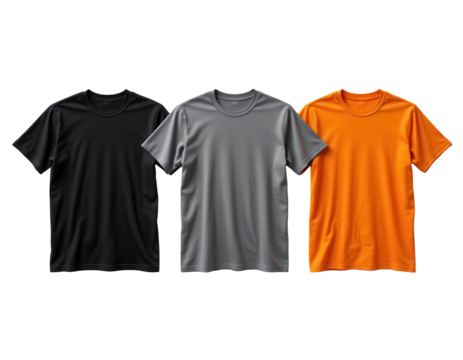 Three Plain T-Shirts in Black, Gray, and Orange on Transparent background