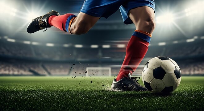 Dynamic action shot of a soccer player kicking a ball with force on a stadium field under bright lights.