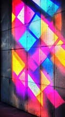 Fototapeta premium Stunning geometric patterns transform the concrete wall into a vibrant display.