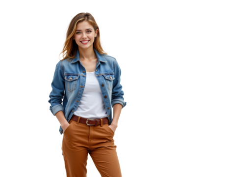 Smiling Woman in Denim Jacket and Brown Pants on Transparent background