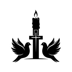 Candle with flame and doves on either side of a cross silhouette  