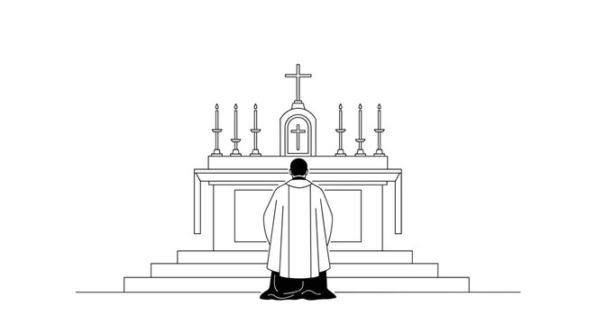 priest facing altar, black and white line art clip art preview