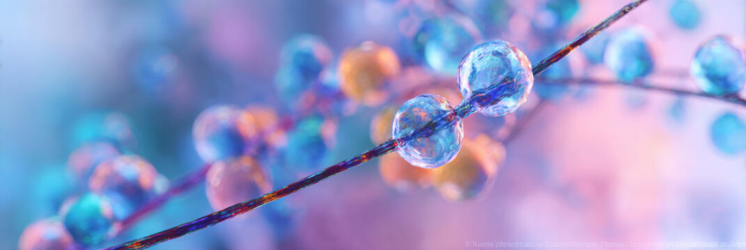 A microscopic view of a complex molecular chain with translucent blue spheres on a central strand. - Powered by Adobe