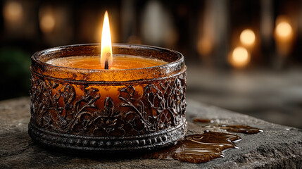 Burning decorative candle in ornate holder with warm flame and melted wax, symbolizing relaxation, spirituality, meditation, and peaceful atmosphere. 
