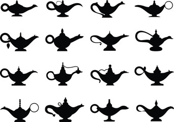 Genie lamp silhouettes, magical artlamp silhouettes, magical artifact icons, Arabian design elements, vintage spouts and handles, fantasy vector set, cultural illustration, mystic decor