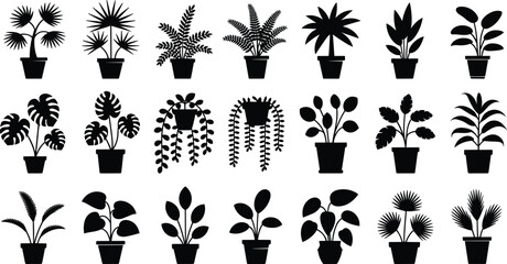 Potted plant silhouettes, botanical vector set, folsilhouettes, botanical vector set, foliage variety, houseplant shapes, leaf pattern design, indoor greenery, black graphic illustration