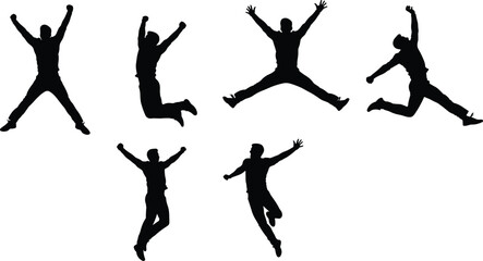 Silhouette people jumping poses collection, energetic movement, joyful expression, athletic action, vector illustration concept of happiness, freedom, celebration, dynamic lifestyle