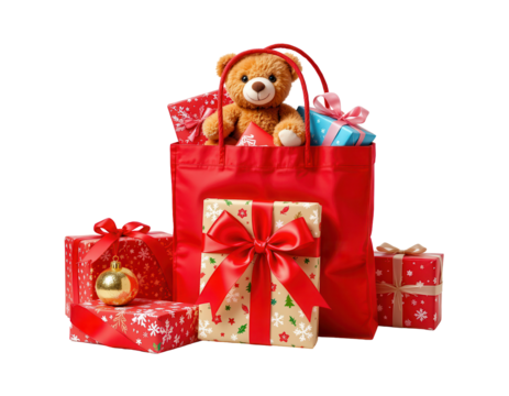 Festive Gift Bag with Teddy Bear and Colorful Presents for Holidays