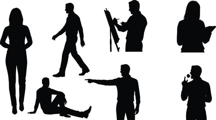 Silhouette collection of professional people in various poses, including standing, walking, and presenting for a variety of business and creative concepts