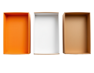Three Empty Cardboard Boxes in Orange, White, and Brown Colors