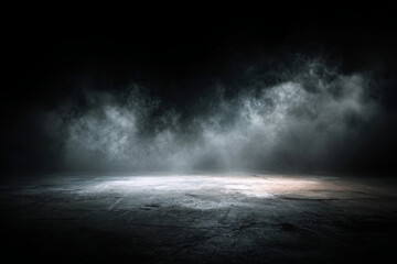 Dark, smoky, and atmospheric scene with a spotlight illuminating a textured concrete floor, creating a dramatic and mysterious ambiance.