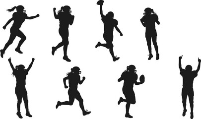 Silhouette vector illustration of American football players celebrating victory, dynamic action poses, sports energy, athletic teamwork, competition, touchdown excitement, championship spirit