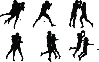 Silhouette vector illustration of American football players in action poses tackling, blocking, catching ball, dynamic sports competition, athletic teamwork concept