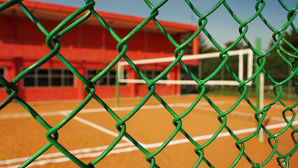 Fototapeta premium Green fence with volleyball court and building chainlink