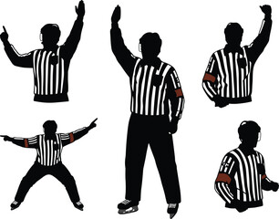 Silhouette vector illustration of ice hockey referees showing official hand signals for penalties, rules, infractions, sports judgment, authority, communication concept
