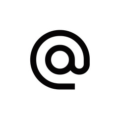 A simple black at symbol icon, a key character for email and social media, isolated on a clean white background.