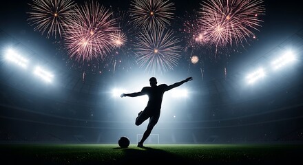 Dynamic Soccer Player Silhouette Kicking Ball in Stadium with Celebratory Fireworks at Night
