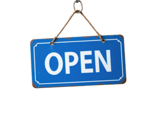 Vintage Blue Open Signboard Hanging on a Chain Indoors