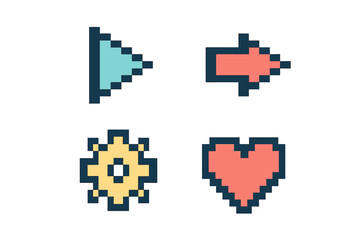 Obraz premium Classic pixelated interface icons set featuring play arrow gear heart symbols for retro gaming and digital design projects