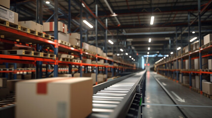 Fototapeta premium Automated warehouse with conveyor belt system and stacked cardboard boxes ready for distribution