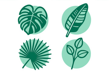 Fototapeta premium Vibrant stylized green tropical foliage collection featuring monstera, banana, and palm leaves on a clean white background, perfect for nature-inspired designs
