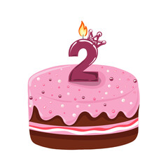 Celebrating a joyous second birthday with a delightful pink cake adorned with a bright number two candle, celebration 2nd birthday for girls