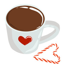 Hot cocoa hand-made illustration in a heart mug, accompanied by a candy cane, perfect for cozy winter moments