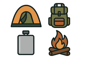 Essential camping and outdoor adventure equipment icons set including tent backpack flask and campfire