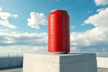 Realistic Red Soda Can on Stone Pedestal under Blue Sky