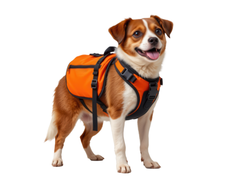 Cheerful dog wearing bright orange backpack for outdoor adventures
