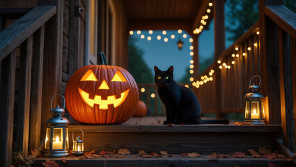 Black cat sitting on a decorated porch with a glowing jack-o&rsquo;-lantern and lantern lights during Halloween night.