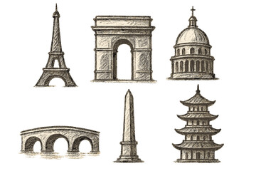 Obraz premium Classic hand-drawn sketch of iconic global landmarks and famous architectural monuments from around the world